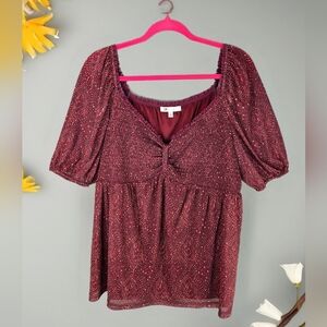 DR2 Daniel Rainn Women Peplum Chiffon Blouse Sz XL Maroon Pink Dots Short Sleeve
